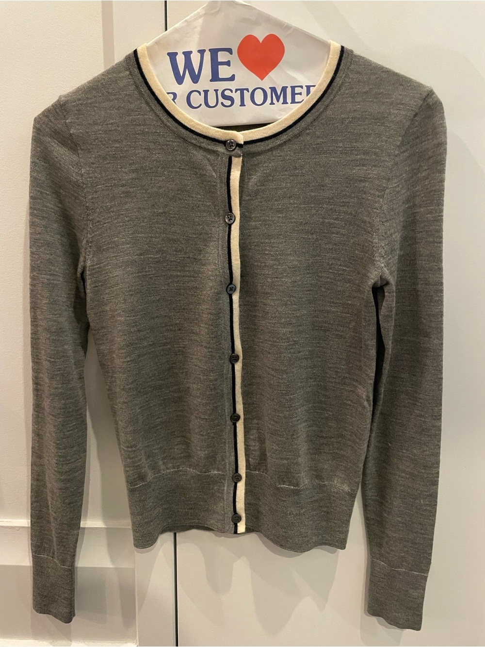 J. Crew Gray Crewneck Cardigan with Cream Trim